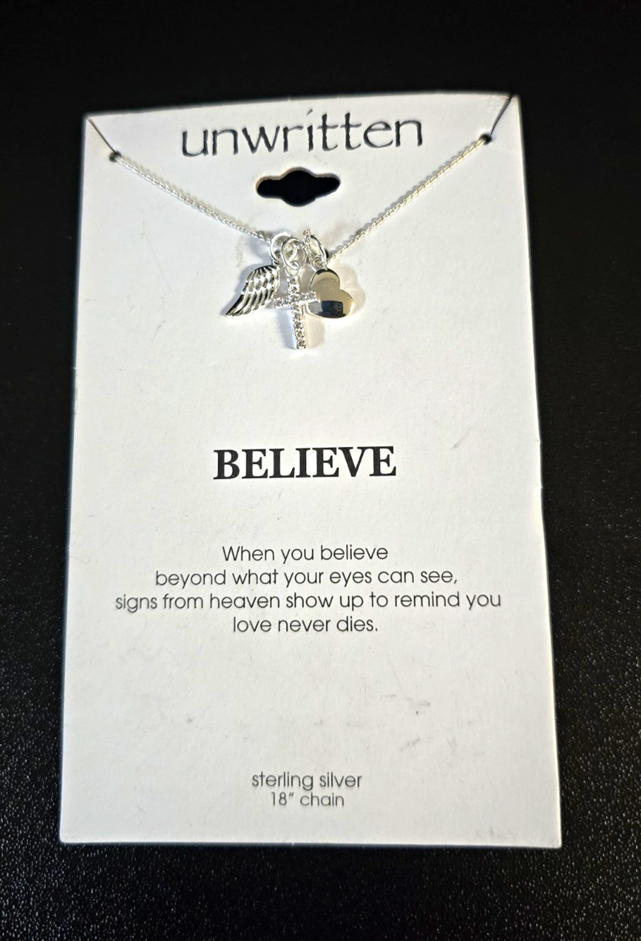 Unwritten Believe Sterling Silver 18" Chain Necklace Cross Heart Angel Wing